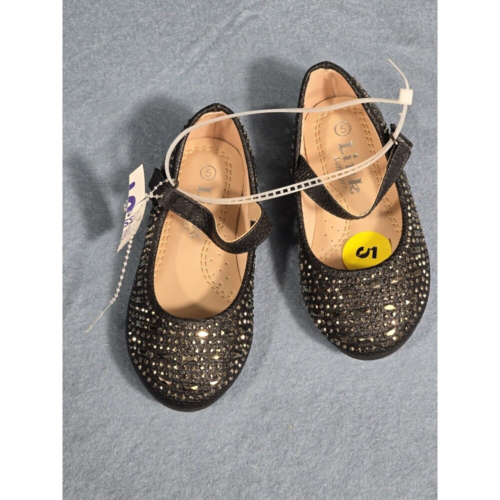 Link Comfort Girls Embellished Black Sparkly Rhinestone Mary Jane Ballet Flats 5